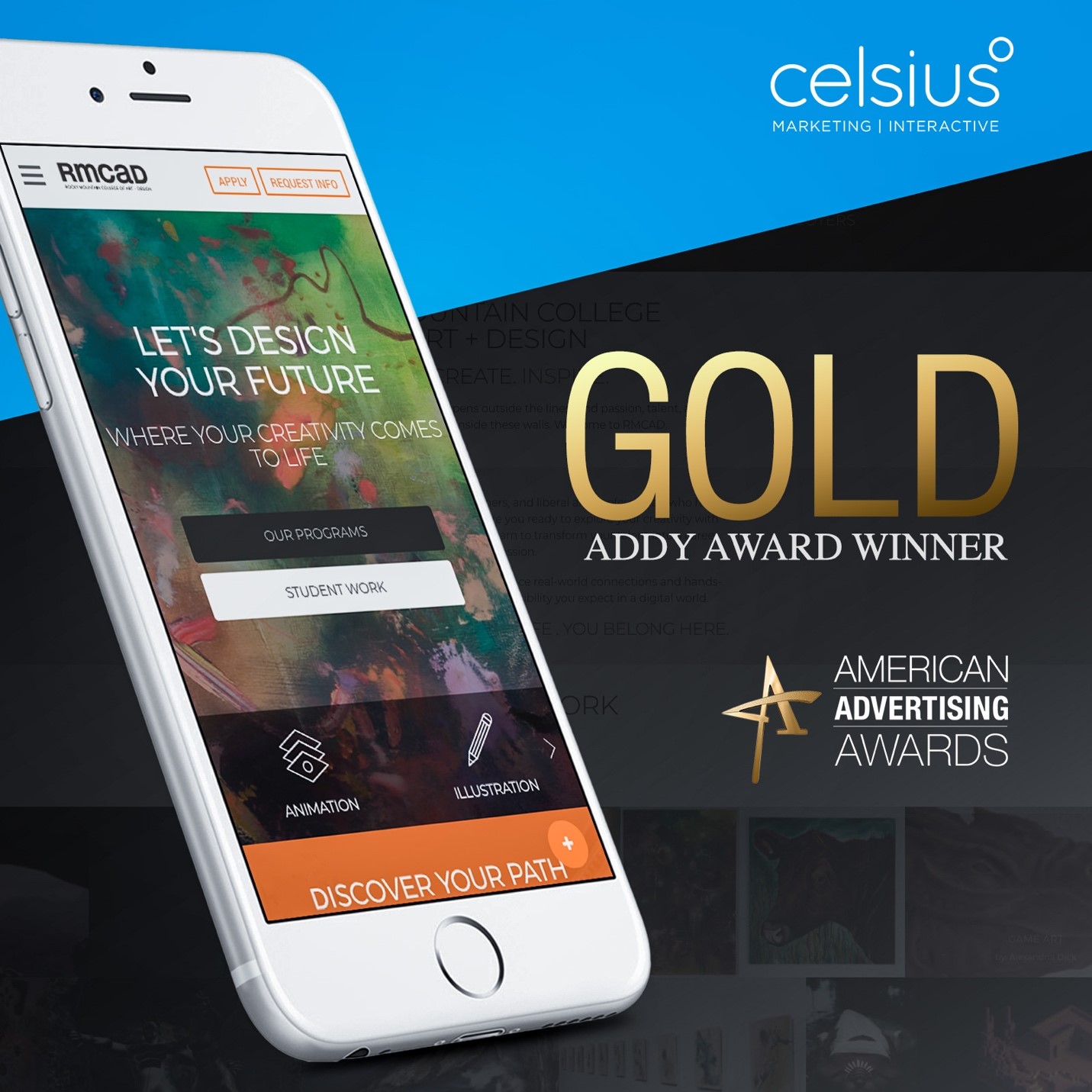 image of phone with award winning web site showing on it