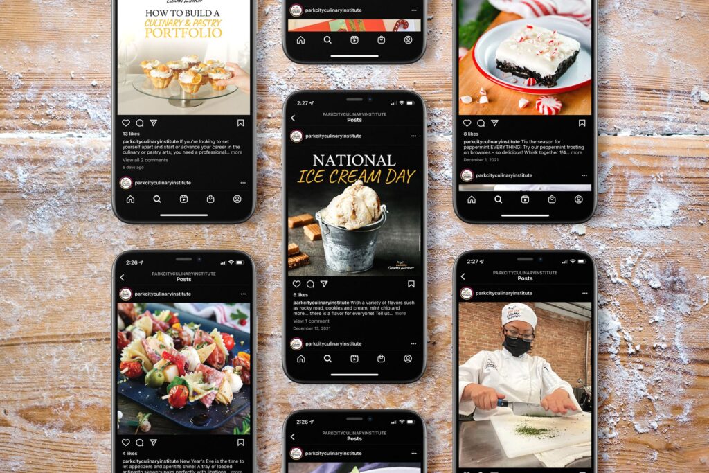 Multiple mobile phone views of Park City Culinary Institute Instagram account posts