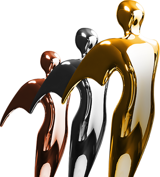 The Telly Awards trophies in Gold, Silver, and Bronze