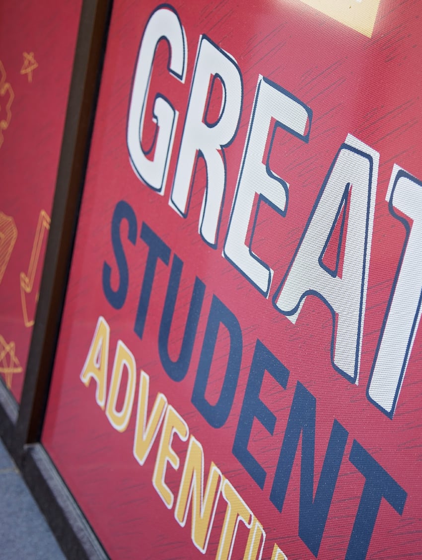 Detail of window graphics designed for ISU's College of Agriculture and Life Sciences, featuring fun typography.