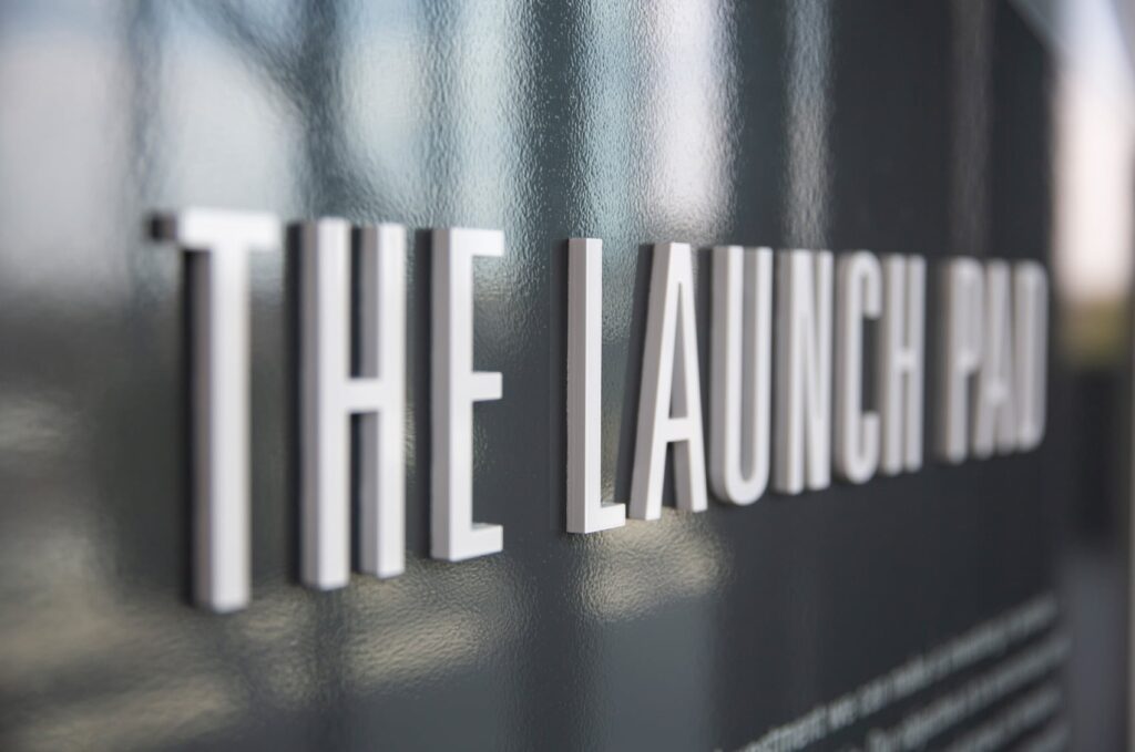 Detail of the 3D letters on The Launch Pad acrylic sign.