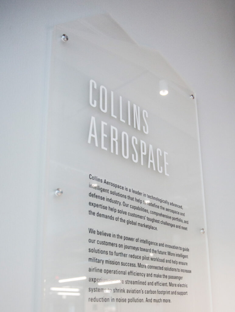 Acrylic sign for Collins Aerospace in ISU's Student Innovation Center.