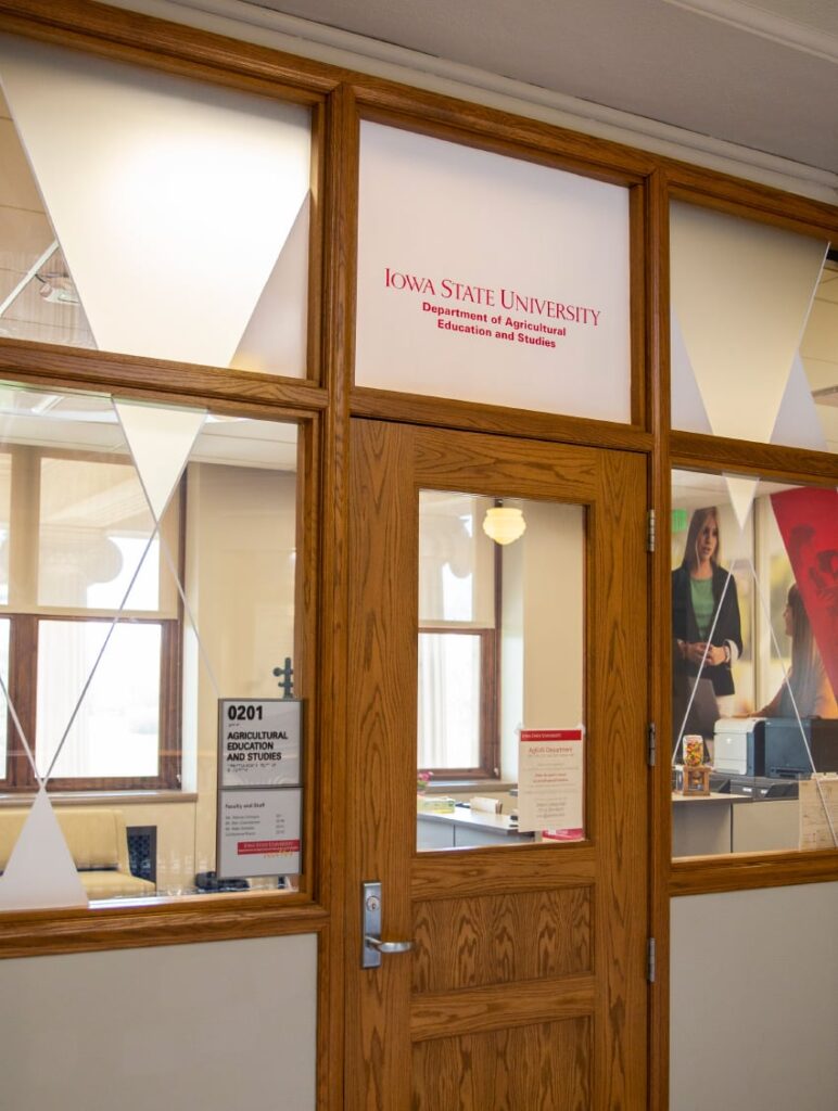 Window graphics designed for ISU's Department of Agriculture Education and Studies.