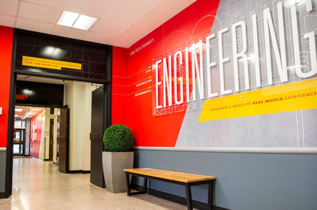 Environmental design for ISU's Department of Civil, Construction and Environmental Engineering, featuring wall graphics and acrylic standoffs.