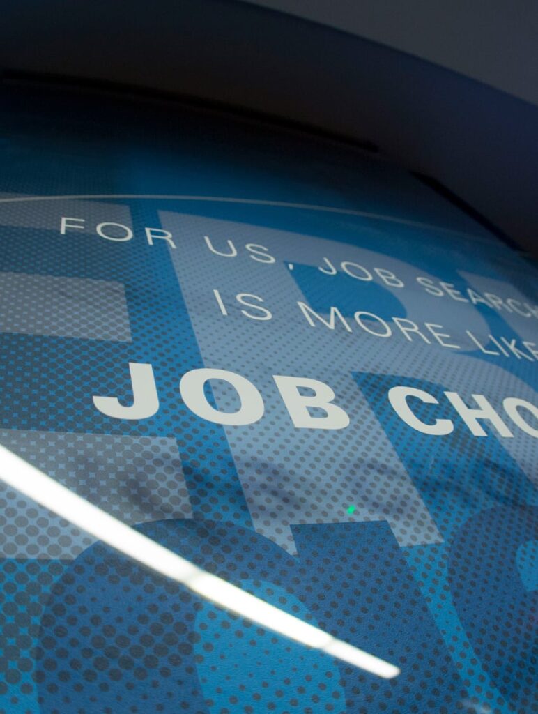 Wall graphics designed for ISU's College of Engineering with typography declaring, "For us, job search is more like job choice."