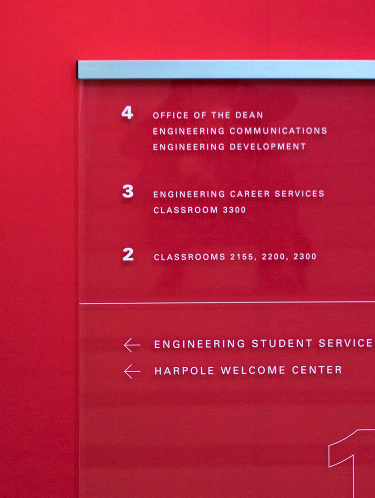 Close up of a directory for ISU's College of Engineering, with typography on acrylic.