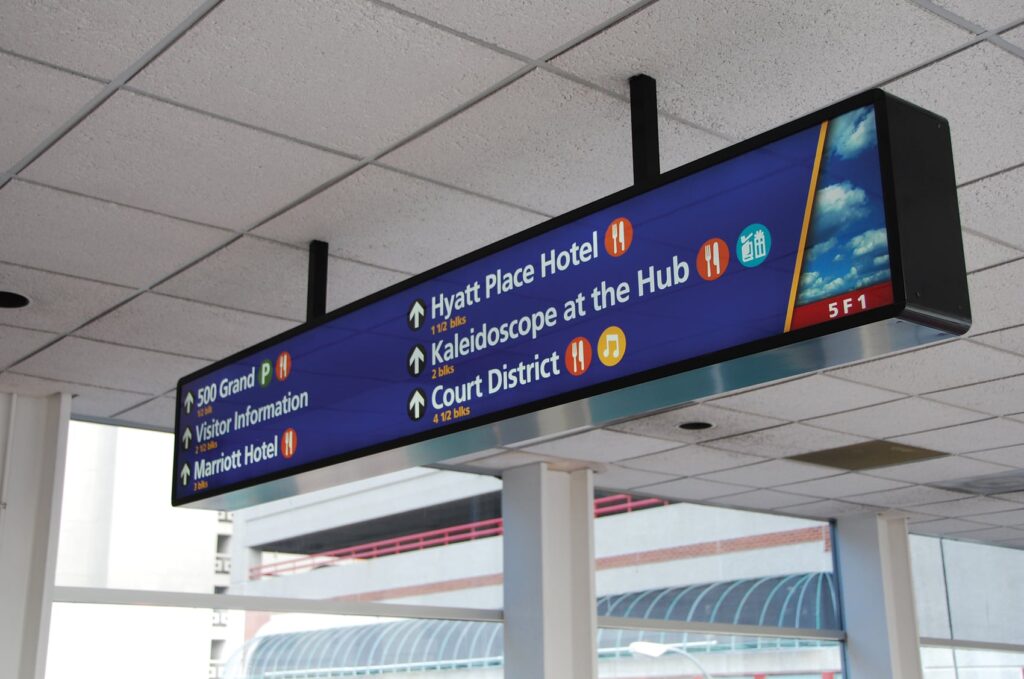 Directional signage for the Des Moines city skywalk, featuring informative icons.