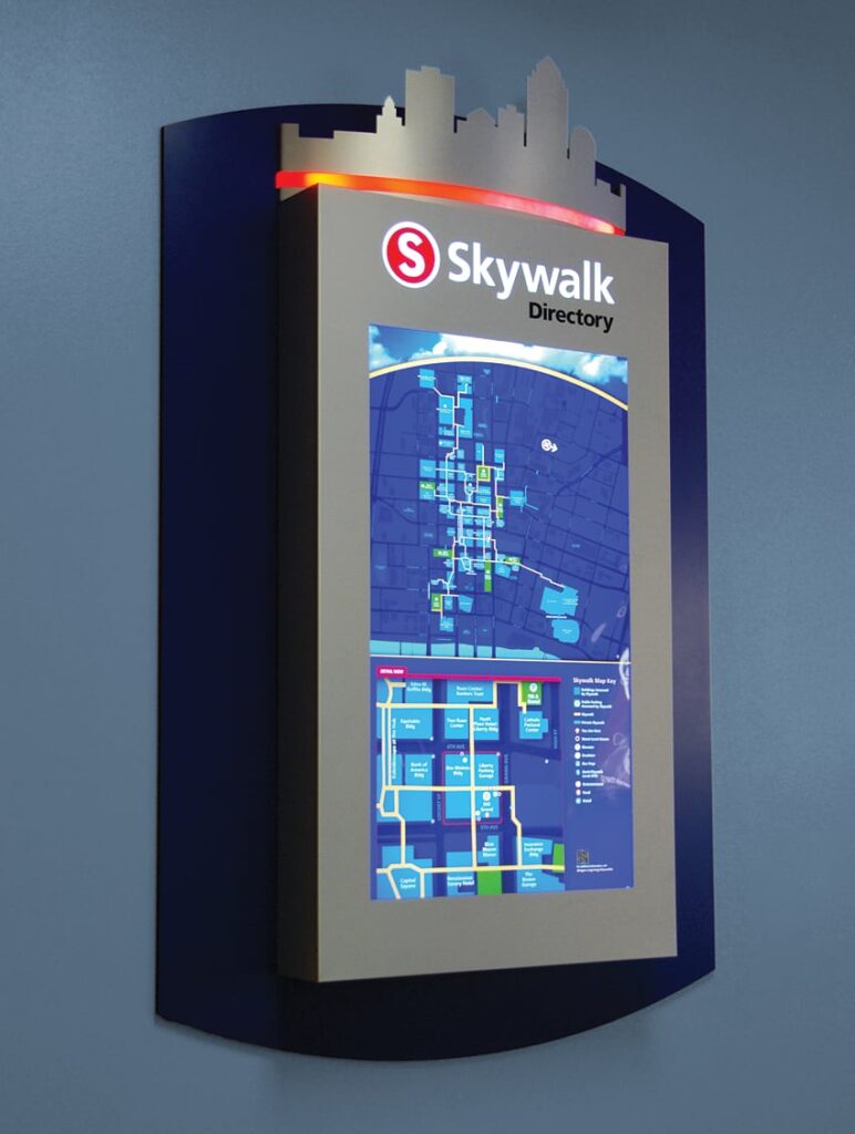 Skywalk directory, with a color-coded map of locations.