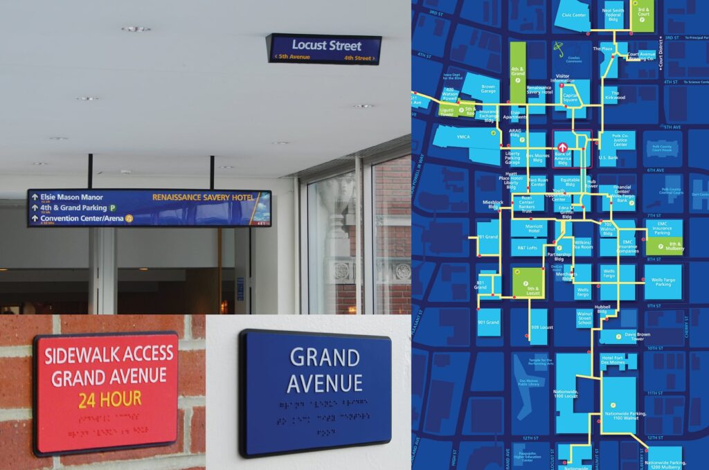 Detail of the Des Moines skywalk signage and directory map.