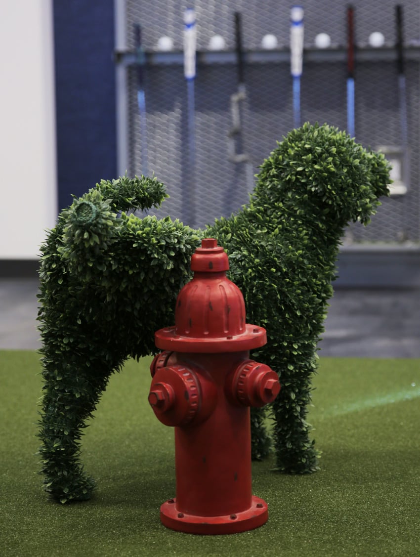 Artificial topiary dog urinating on a fire hydrant: an obstacle in Elder Lounge's indoor putt putt course.