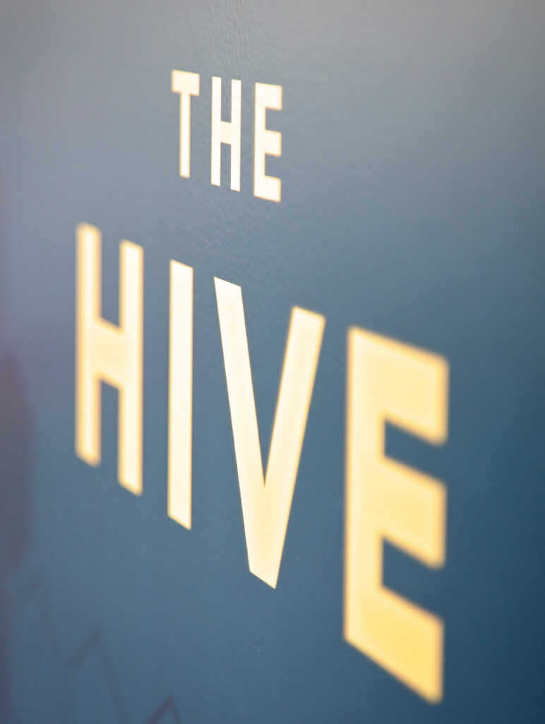 Detail of The Hive logo design.
