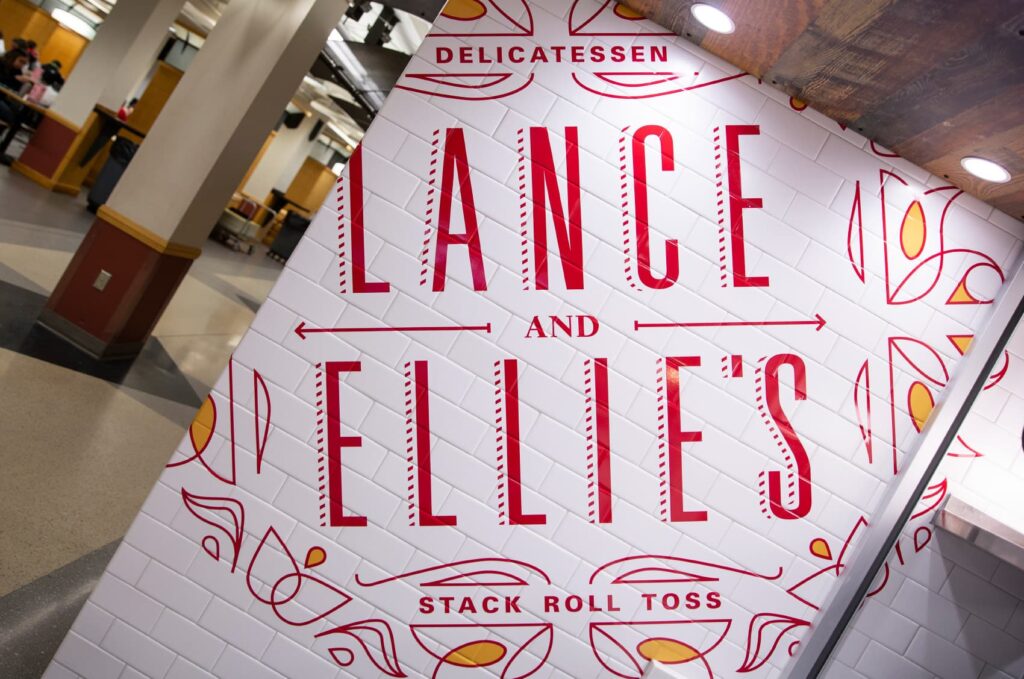 Environmental design for ISU Dining's Lance and Ellie's Delicatessen, featuring the custom wall graphics.