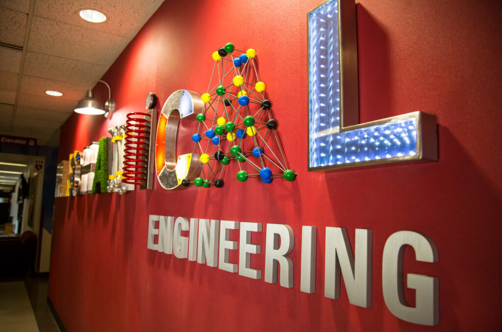 ISU Mechanical Engineering department sign design, featuring 3D letters built from engineering motifs.