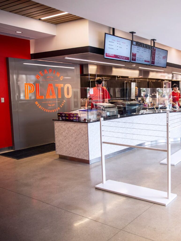 Restaurant design for ISU's Heaping Plato Mediterranean Eats, featuring their logo and branding.