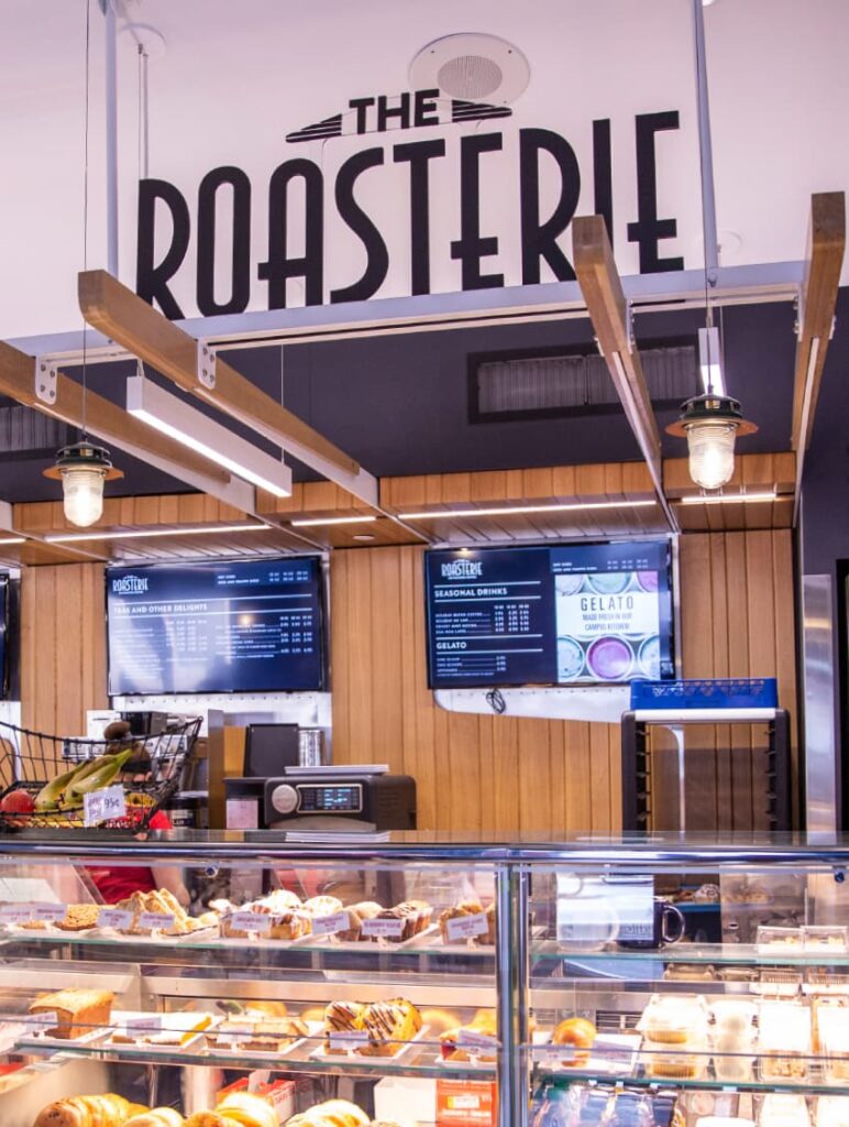 Restaurant design for The Roasterie on ISU's campus, featuring the logo and branding.