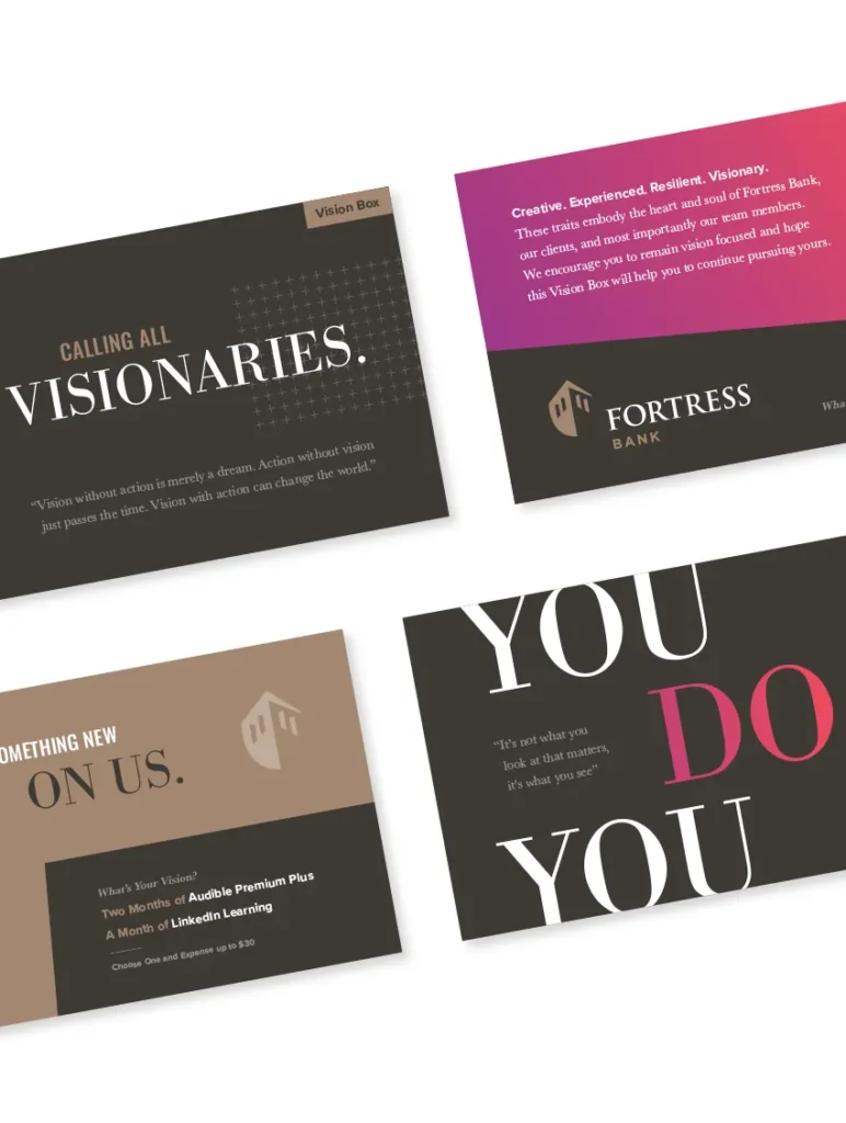 Business brand cards for Fortress Bank's "What's Your Vision?" campaign.