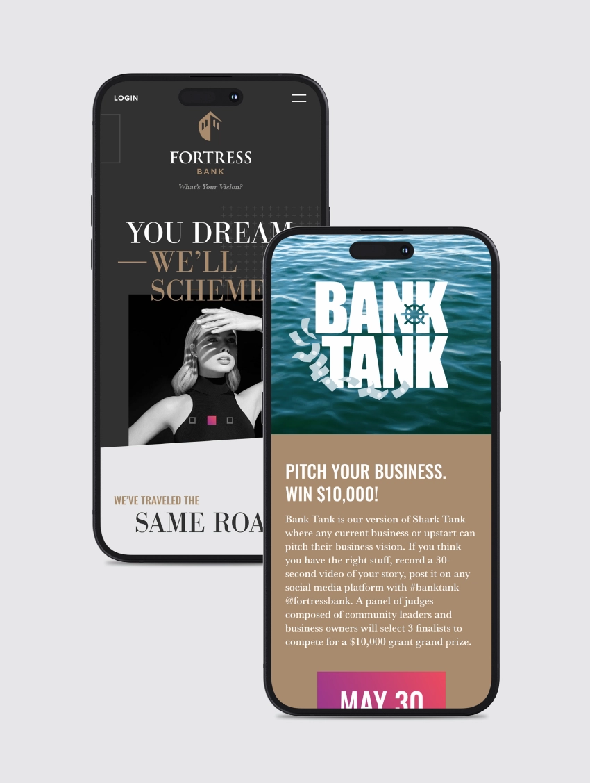 Fortress Bank's website pages featured on mobile devices.
