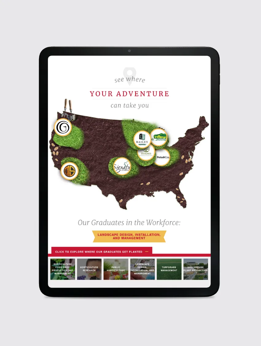 Iowa State University's Department of Agriculture page mocked up on a tablet device. Showcasing a map of where ISU grads have gone on to work nationally.