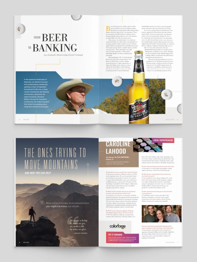 Inside spreads of "The Fort" magazine designed for Fortress Bank.
