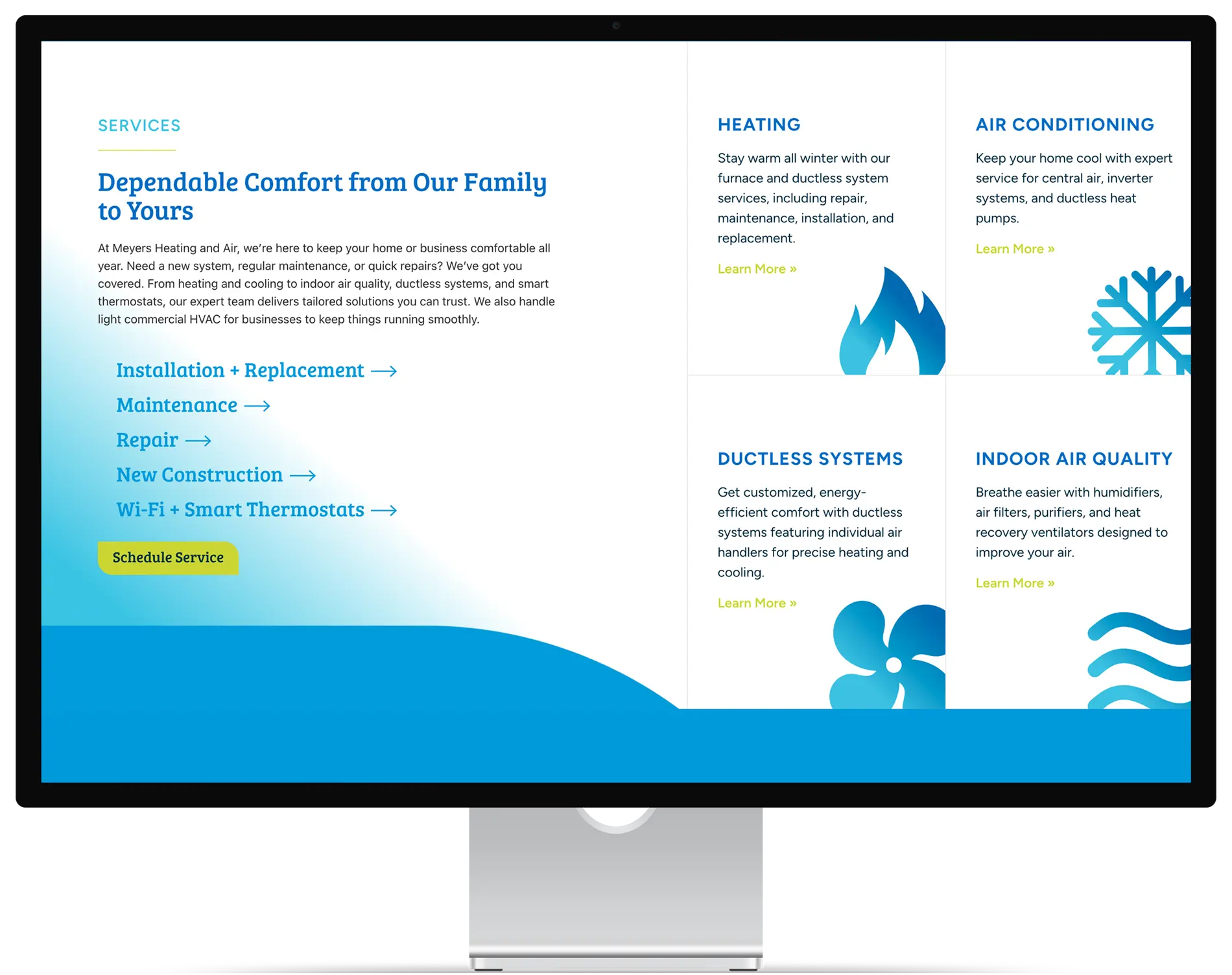 Desktop computer with Meyers HVAC Services displayed