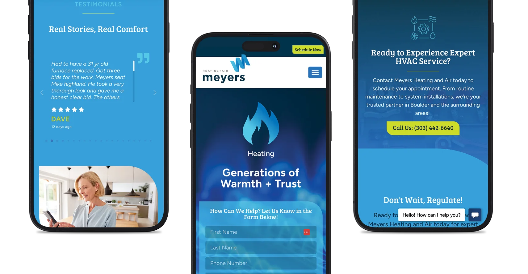 3 mobile phones displaying different pages of the Meyers HVAC website
